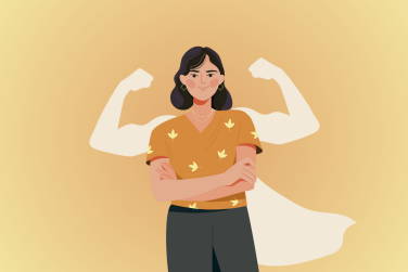 woman with superhero silhouette behind