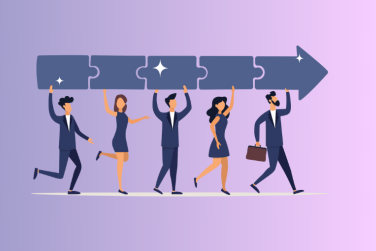 5 employees pushing an arrow forward