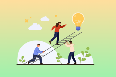 3 employees climbing a ladder towards a lightbulb