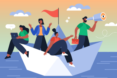 4 employees demonstrating resilience on a paper boat