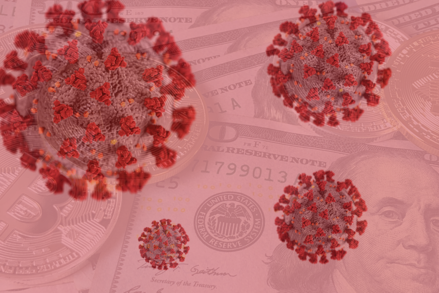 COVID virus overlayed on Money