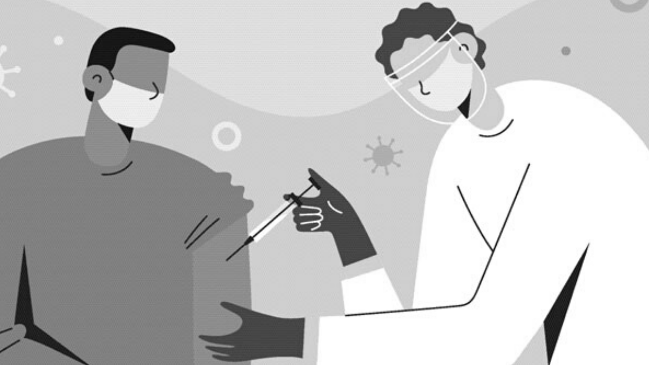 Black and white illustration of a medical professional administering a shot