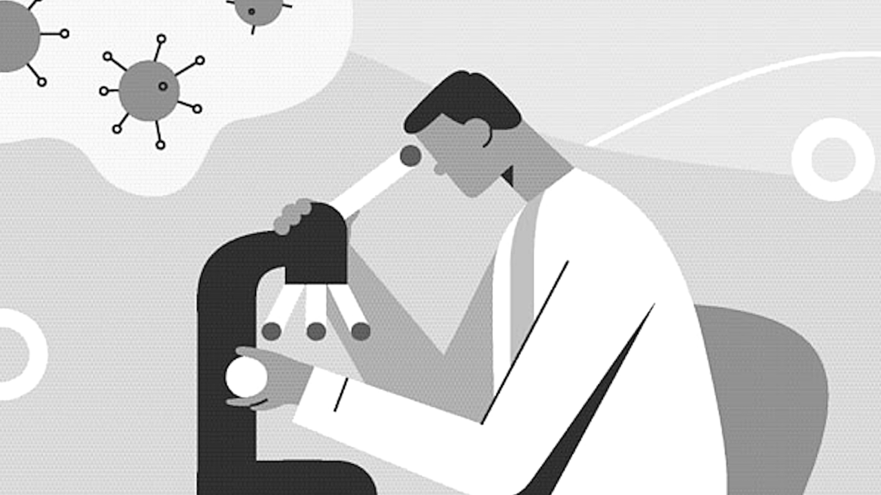 Black and white cartoon image of a scientist at a microscope