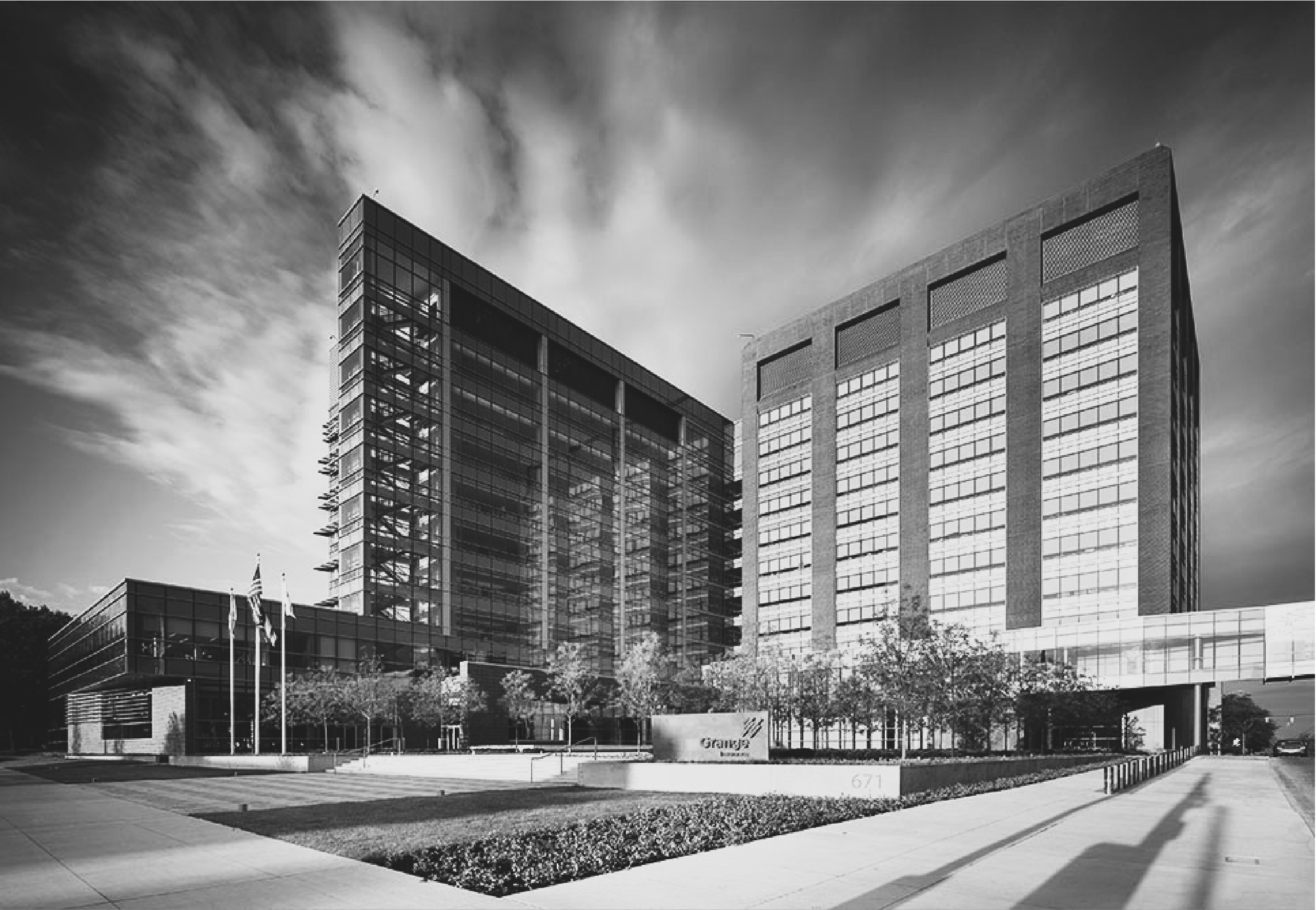 Grange Insurance office building black & white