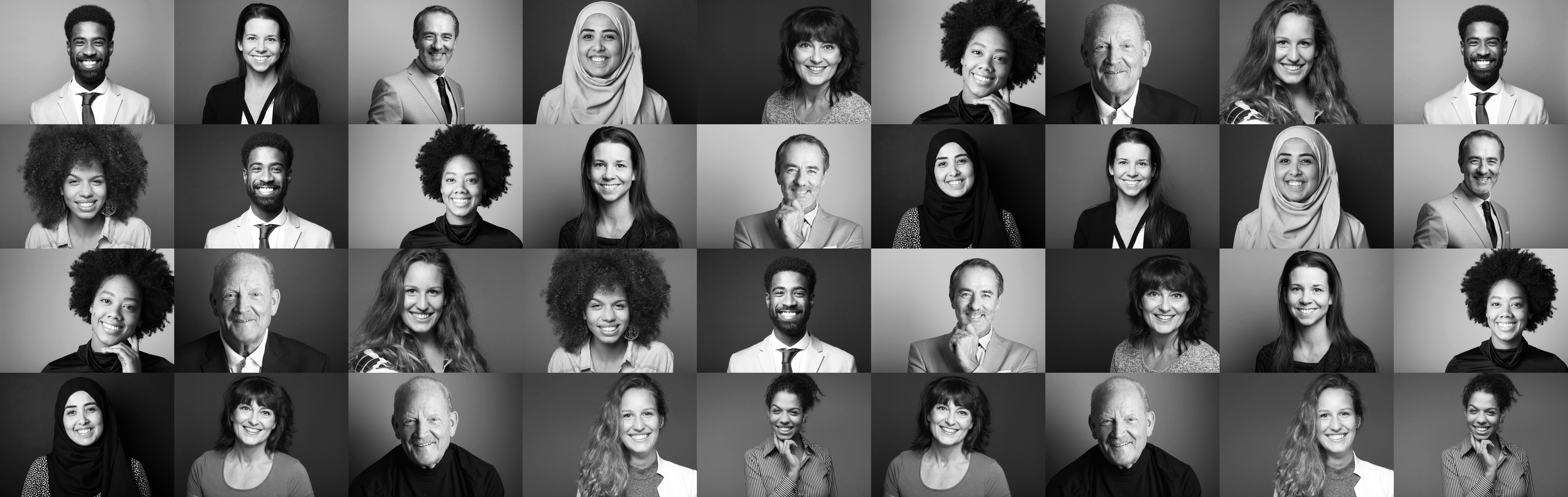 Black and white headshots of employees