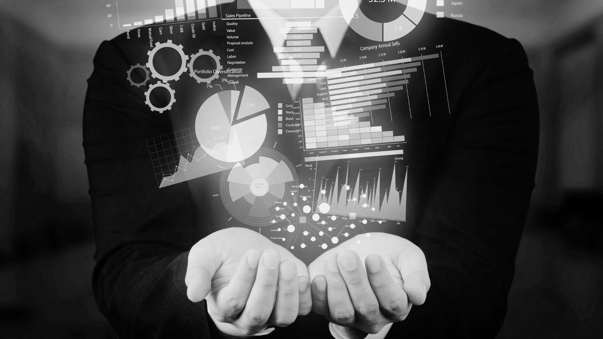Examples of data visualizations swirl in the hands of an individual wearing a suit