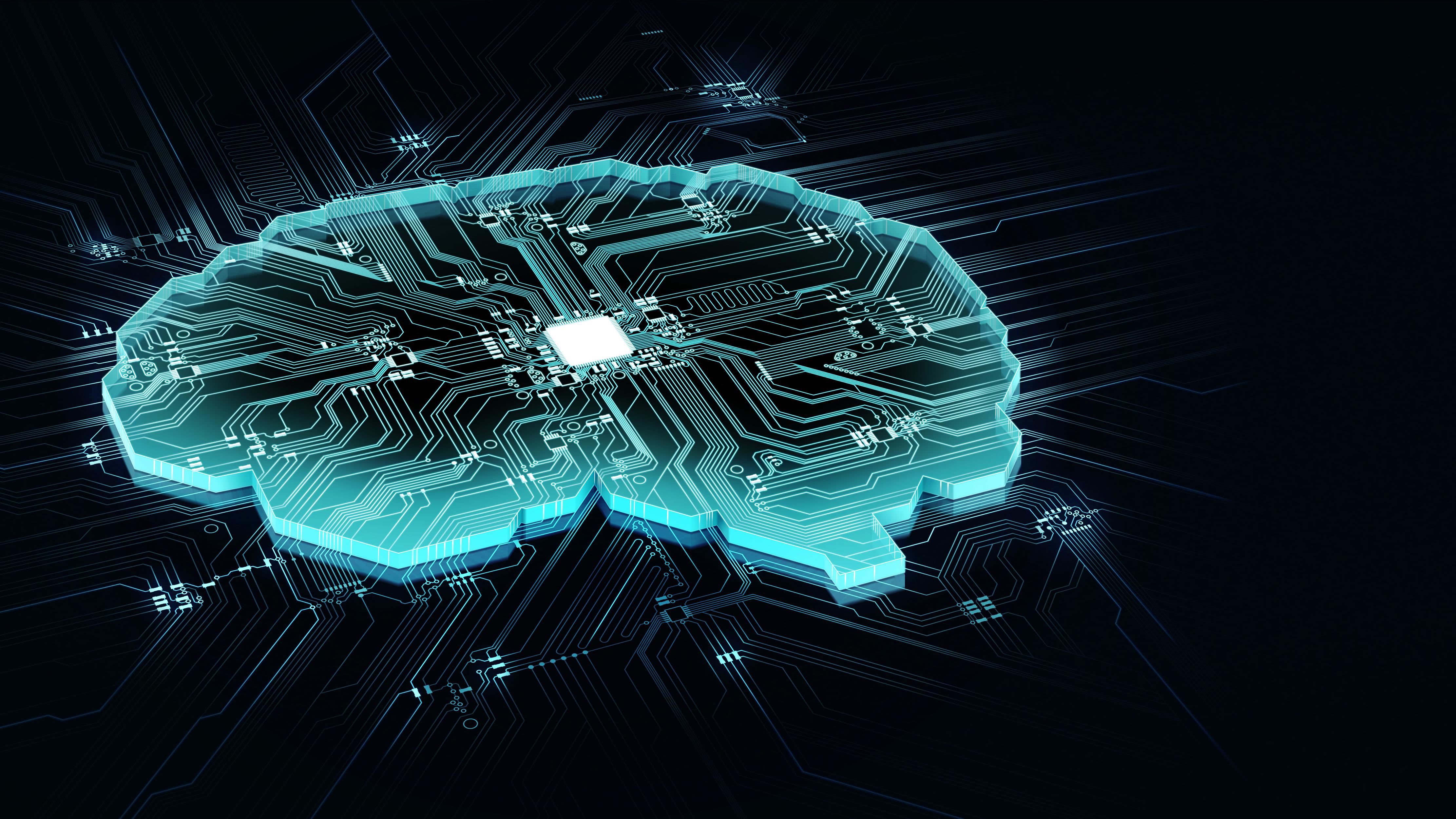 Glowing blue brain with computer chip