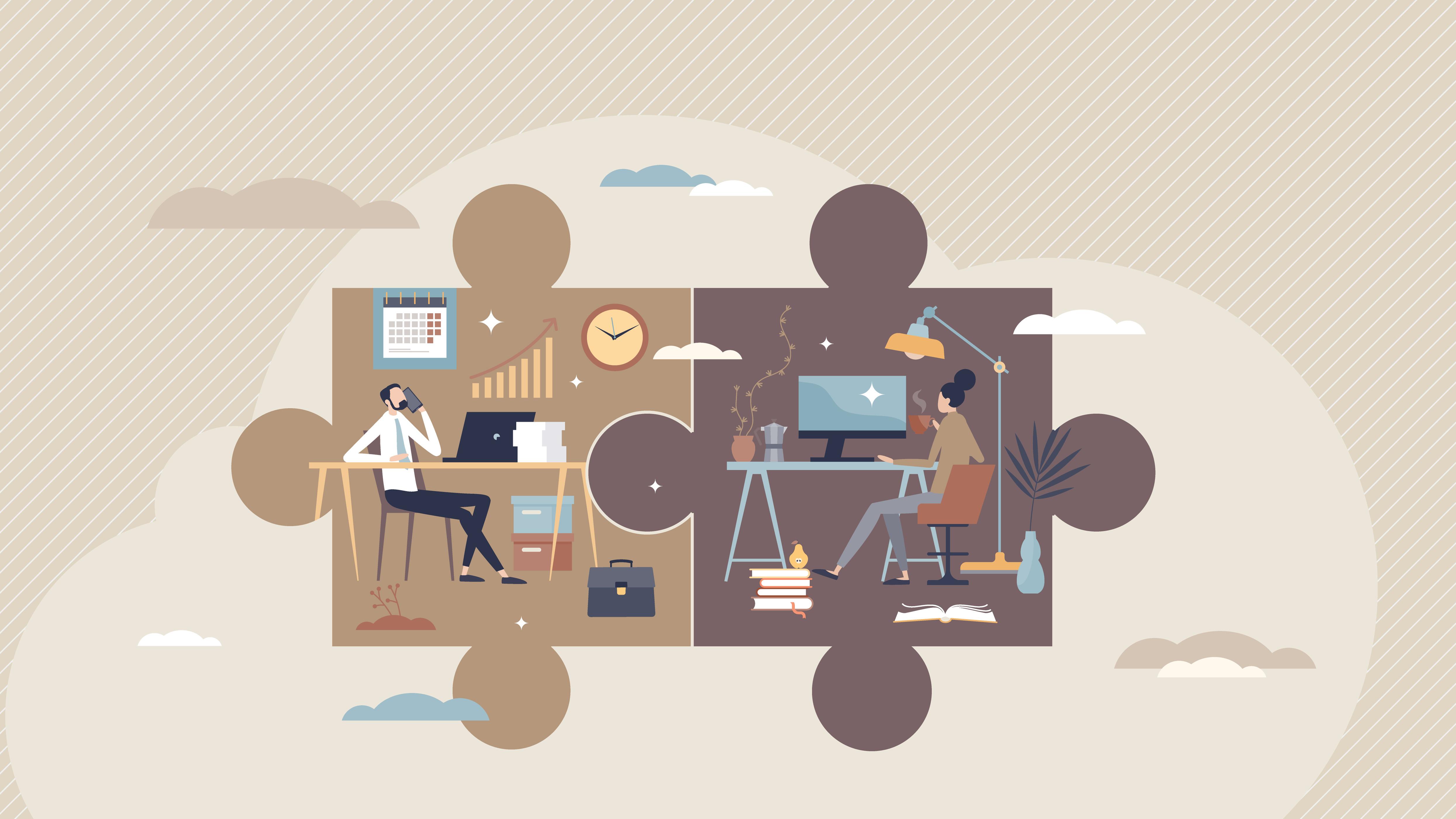 Illustration of office worker and remote worker