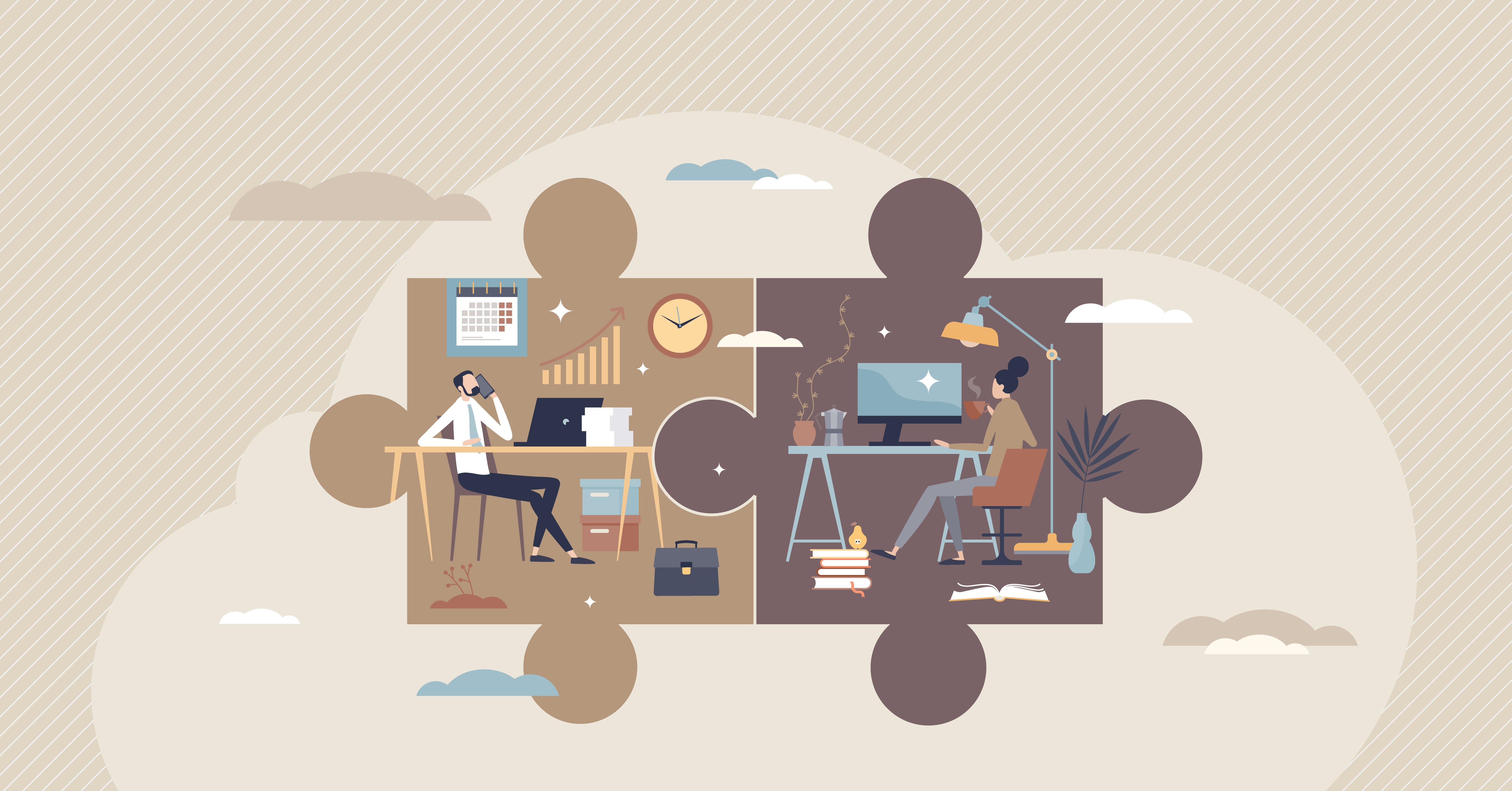 Illustration of office worker and remote worker