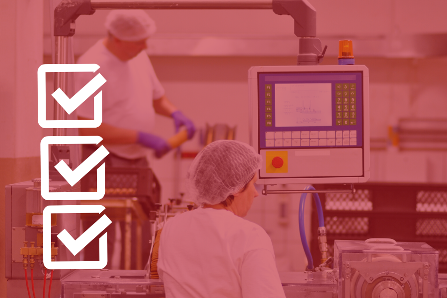 Woman in manufacturing setting with white checkmarks overlaid