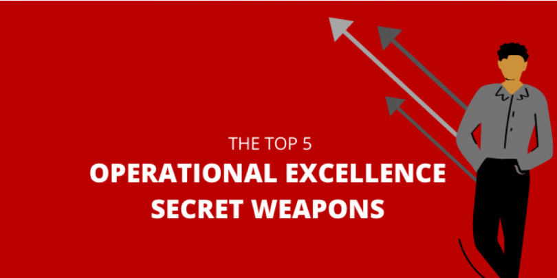 Red background with white text that reads: The Top 5 Operational Excellence Secret Weapons. Cartoon Man on the side with rising arrows.