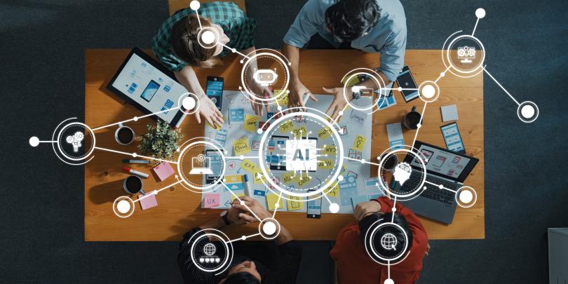 Team working on innovation project with AI overlay