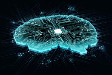 Glowing blue brain with computer chip