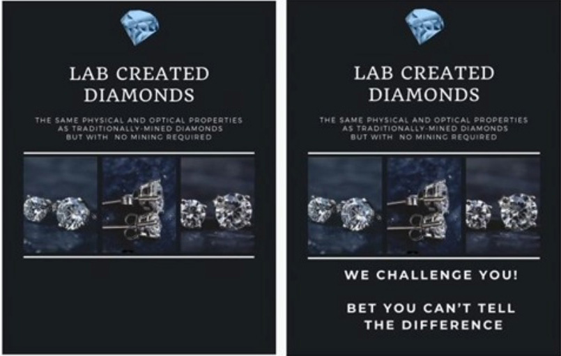 Two flyers advertising lab created diamonds. One challenges you to tell the difference between real diamonds.