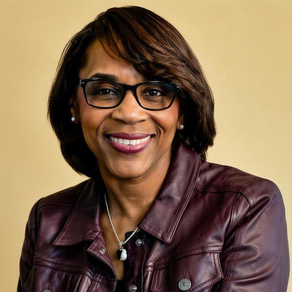 Headshot of Mae Smitherman-Smith wearing a burgundy leather jacket, necklace and pear earrings.
