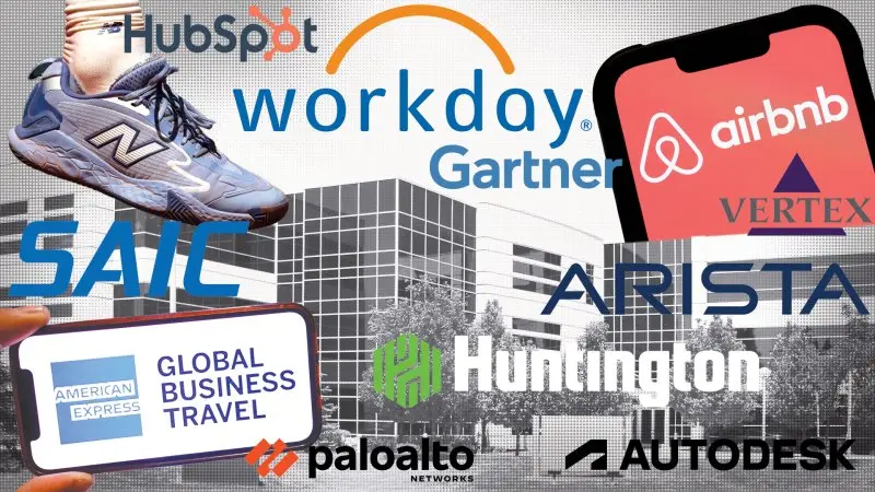 A graphic with middle market company logos laid over an office building.