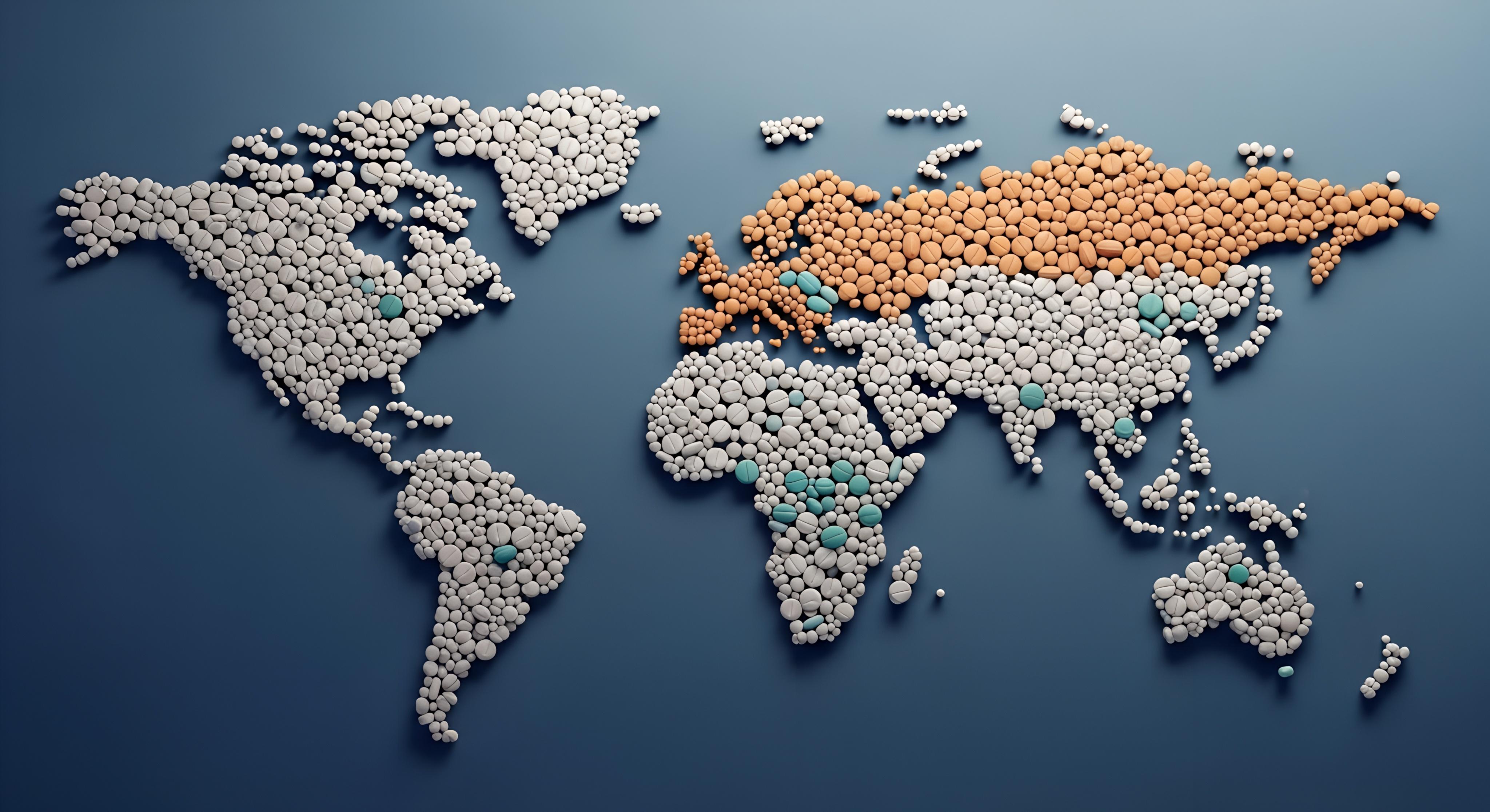 A world map made of pills on a blue background.