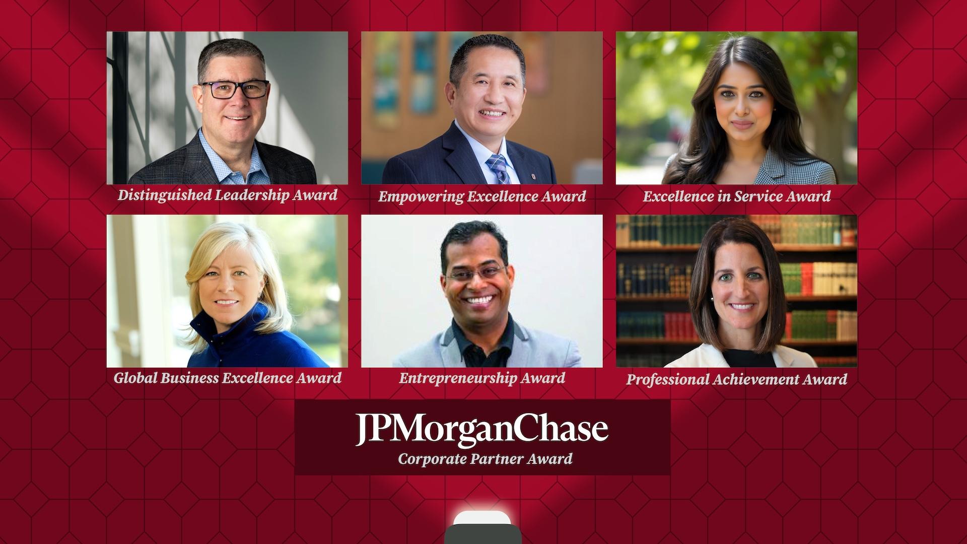 Headshots of alumni award recipients from top left to right James Kavanaugh, Henry Xiang, Neethi Johnson, Marna Ricker, Venkatesh Ganapathy and Nicole Balkenbusch.