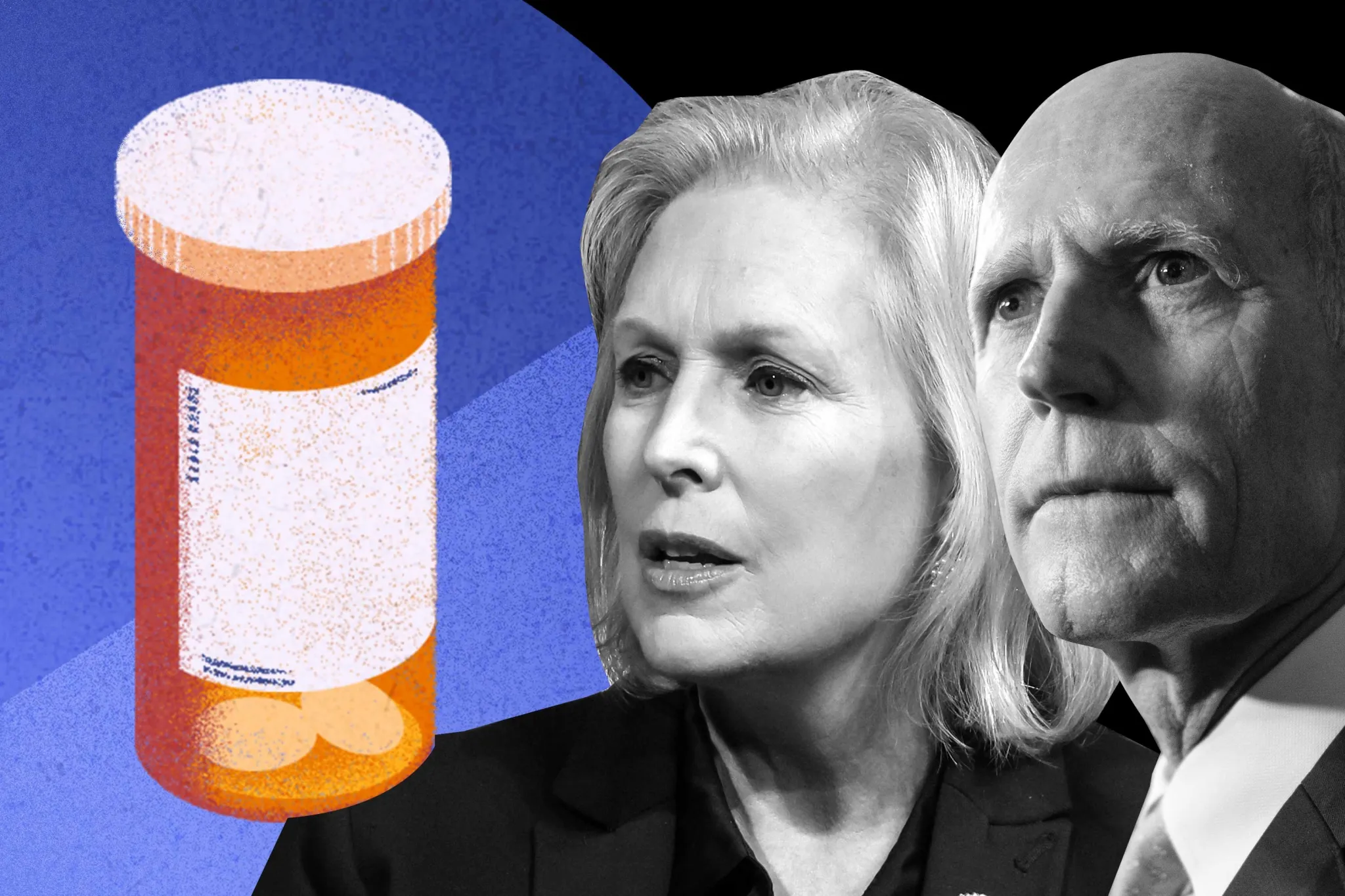 A black and white photo of two senators next to a prescription pill bottle.