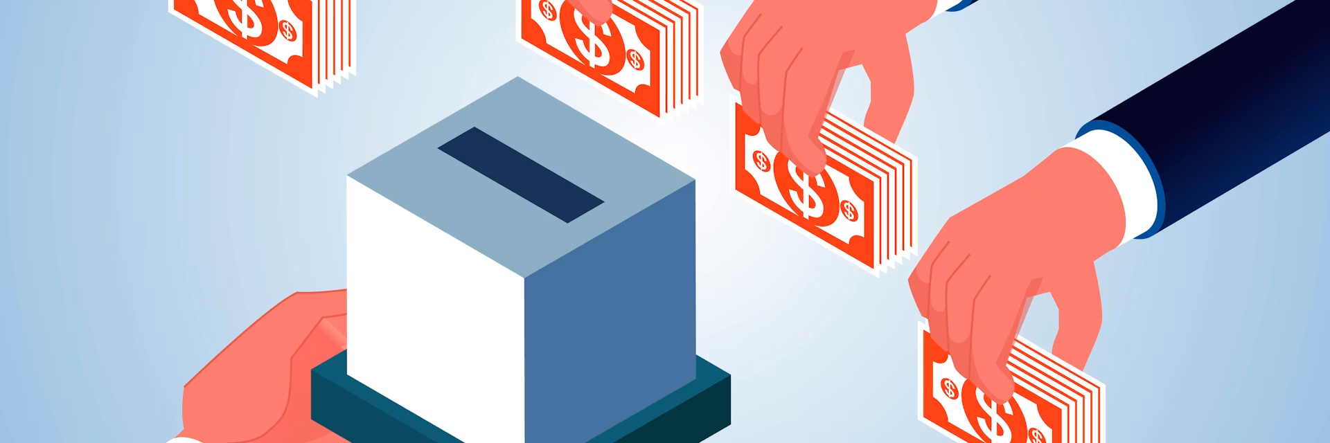 Illustration of hands placing stacks of dollar bills into a donation box.