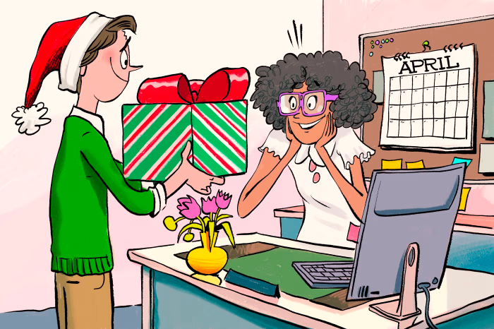 An illustration of a person wearing a Santa hat gives a wrapped gift to another person at an office desk with an April calendar on the wall.