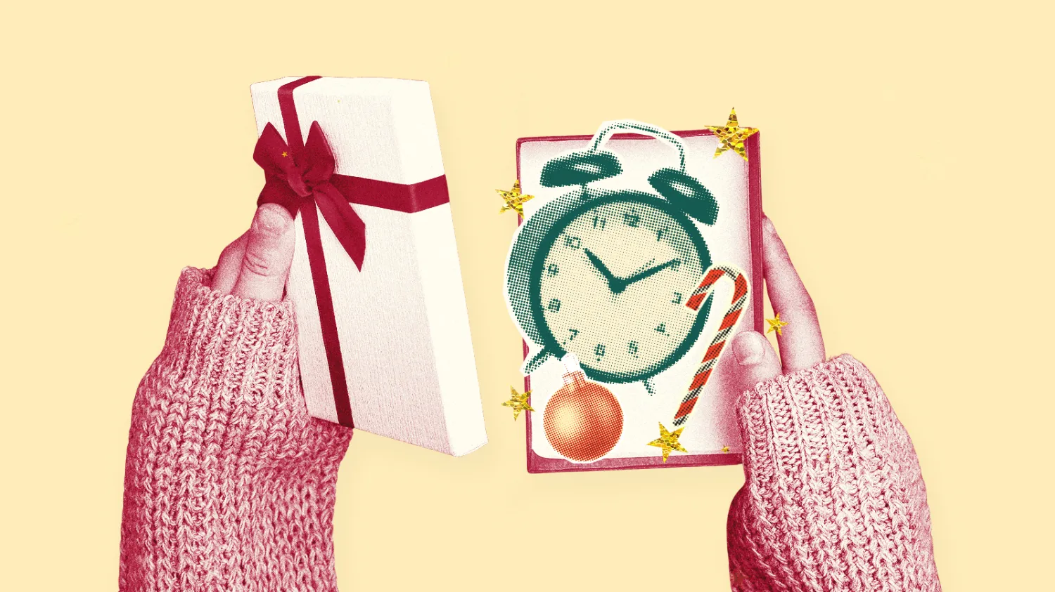 Hands in pink knit sleeves holding two gift boxes; one open box reveals a green alarm clock with holiday decorations like stars, candy cane, and ornament.