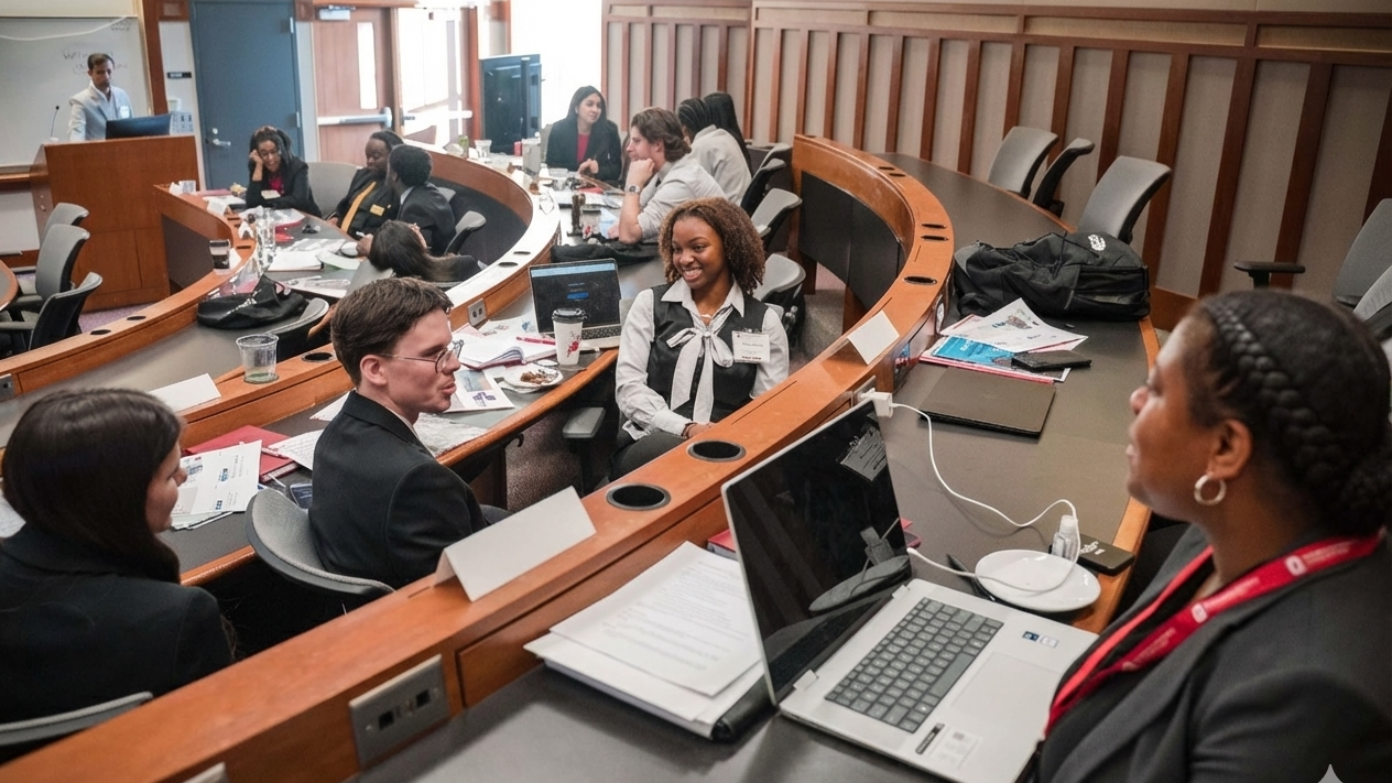 Students seated in a tiered classroom participating in a group discussion with laptops, papers, and notebooks on the desks.
