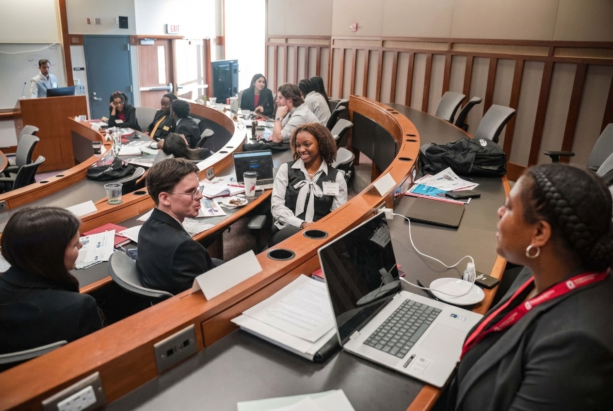 Students seated in a tiered classroom participating in a group discussion with laptops, papers, and notebooks on the desks.