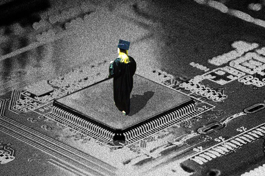 A graduate in a cap and gown stands atop a computer microchip, symbolizing the intersection of education and technology.