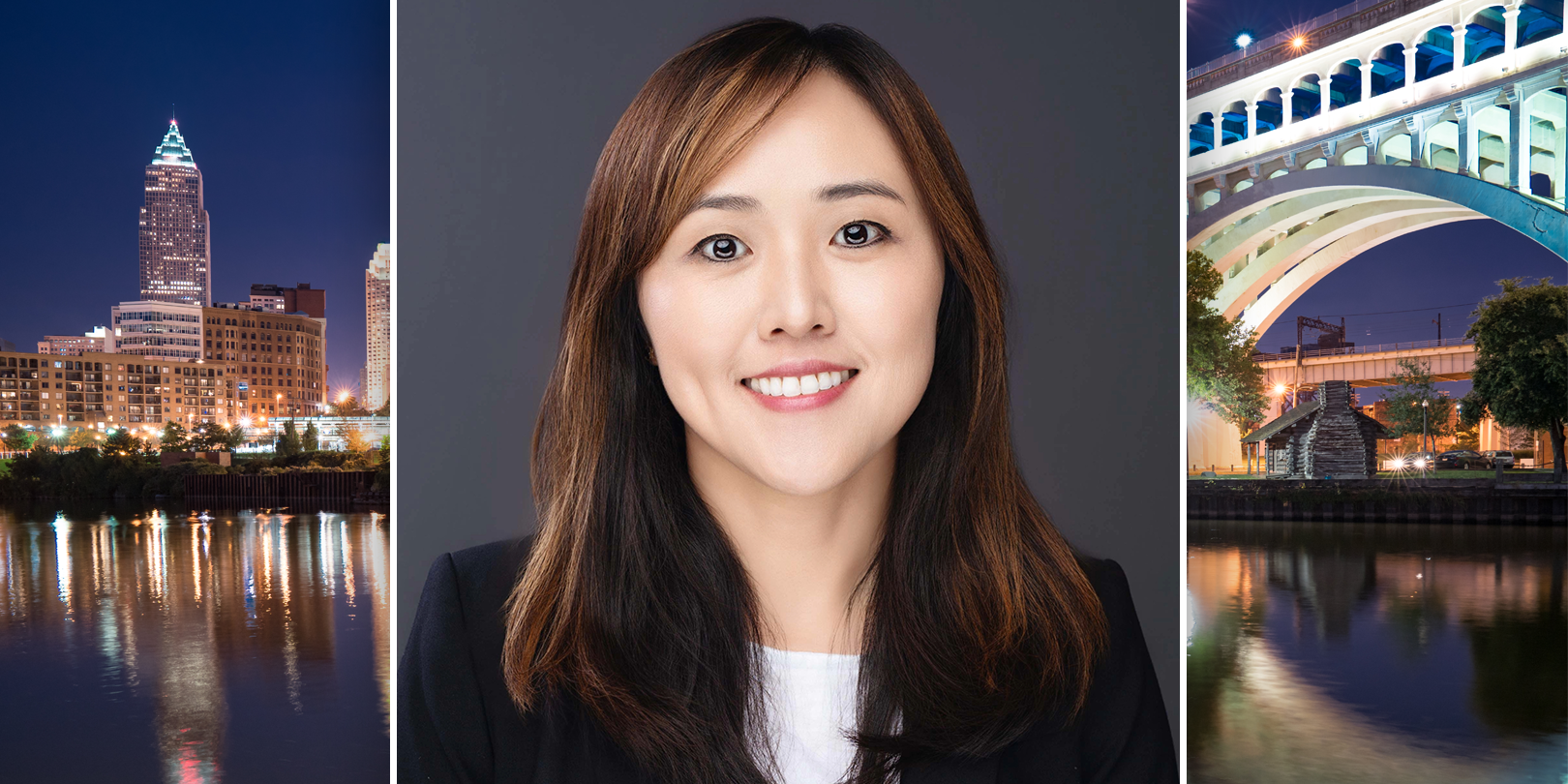 Graphic image of headshot of Alice Li in center, surrounded by KeyBank tower in Cleveland on left and right sides