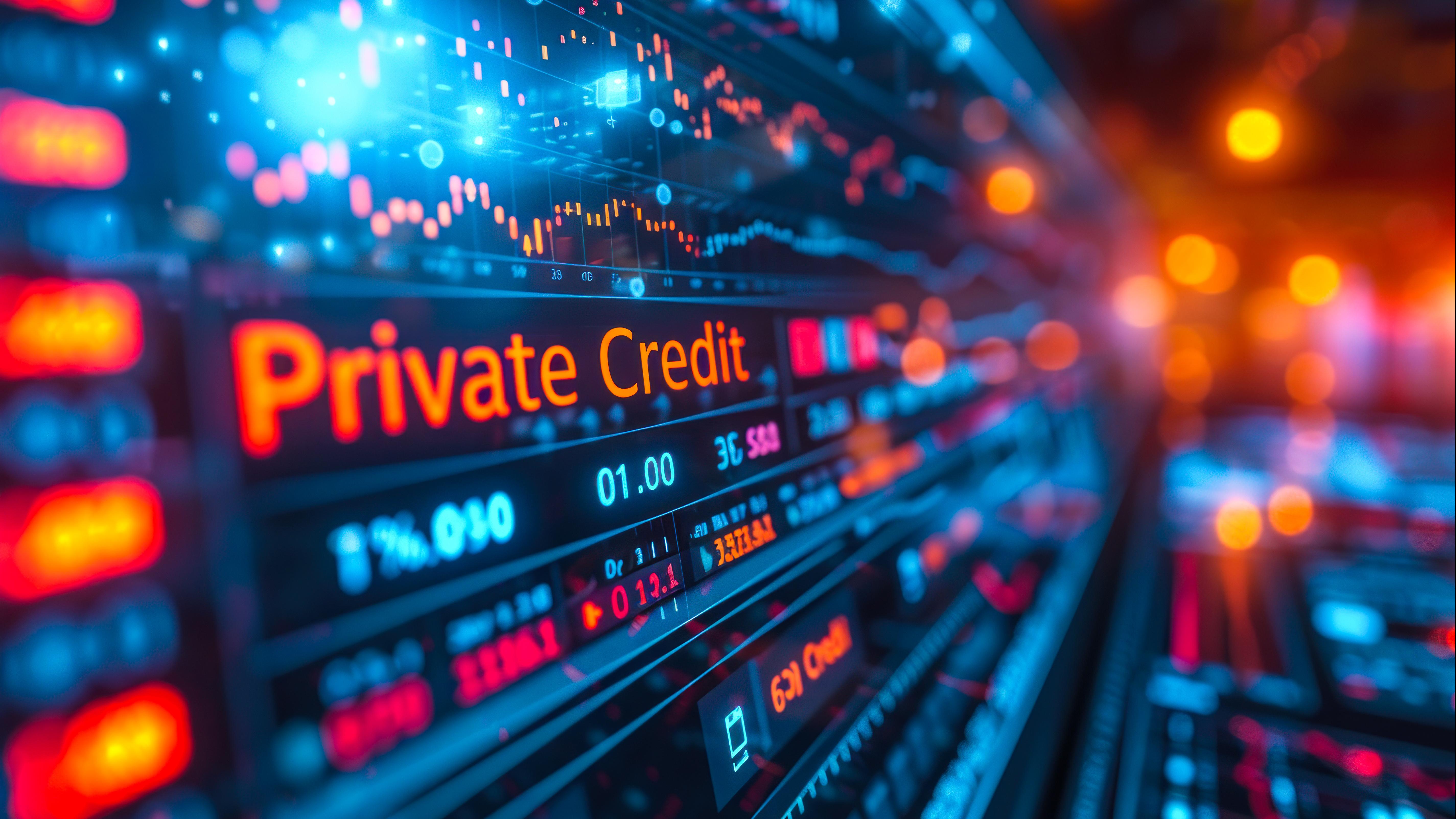 Digital financial display highlighting “Private Credit” with market data and charts.