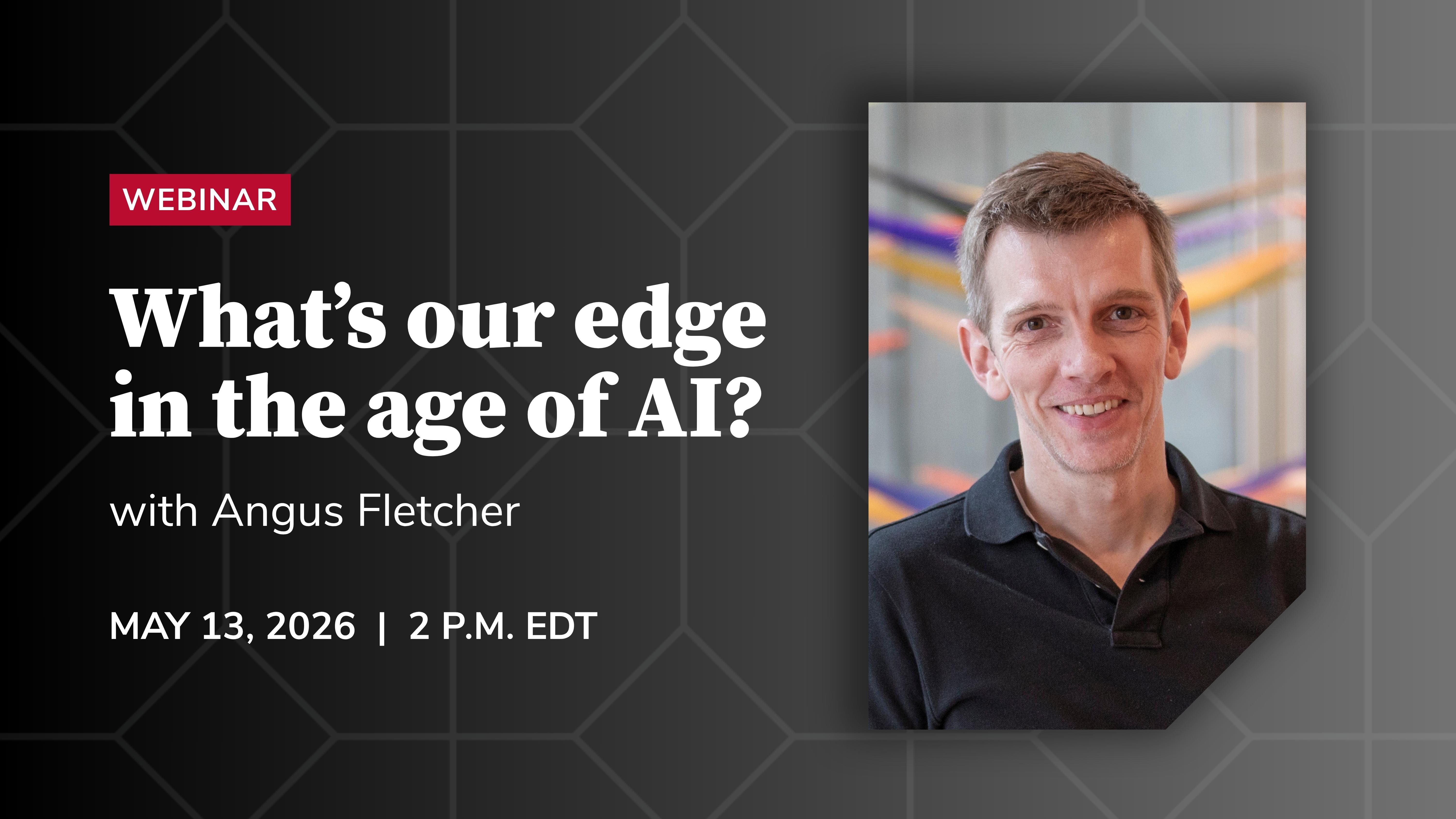 A graphic highlighting a webinar featuring a headshot of Angus Fletcher