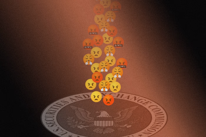 Illustration of angry emoji reactions rising above the U.S. Securities and Exchange Commission seal, symbolizing negative online feedback or public criticism.