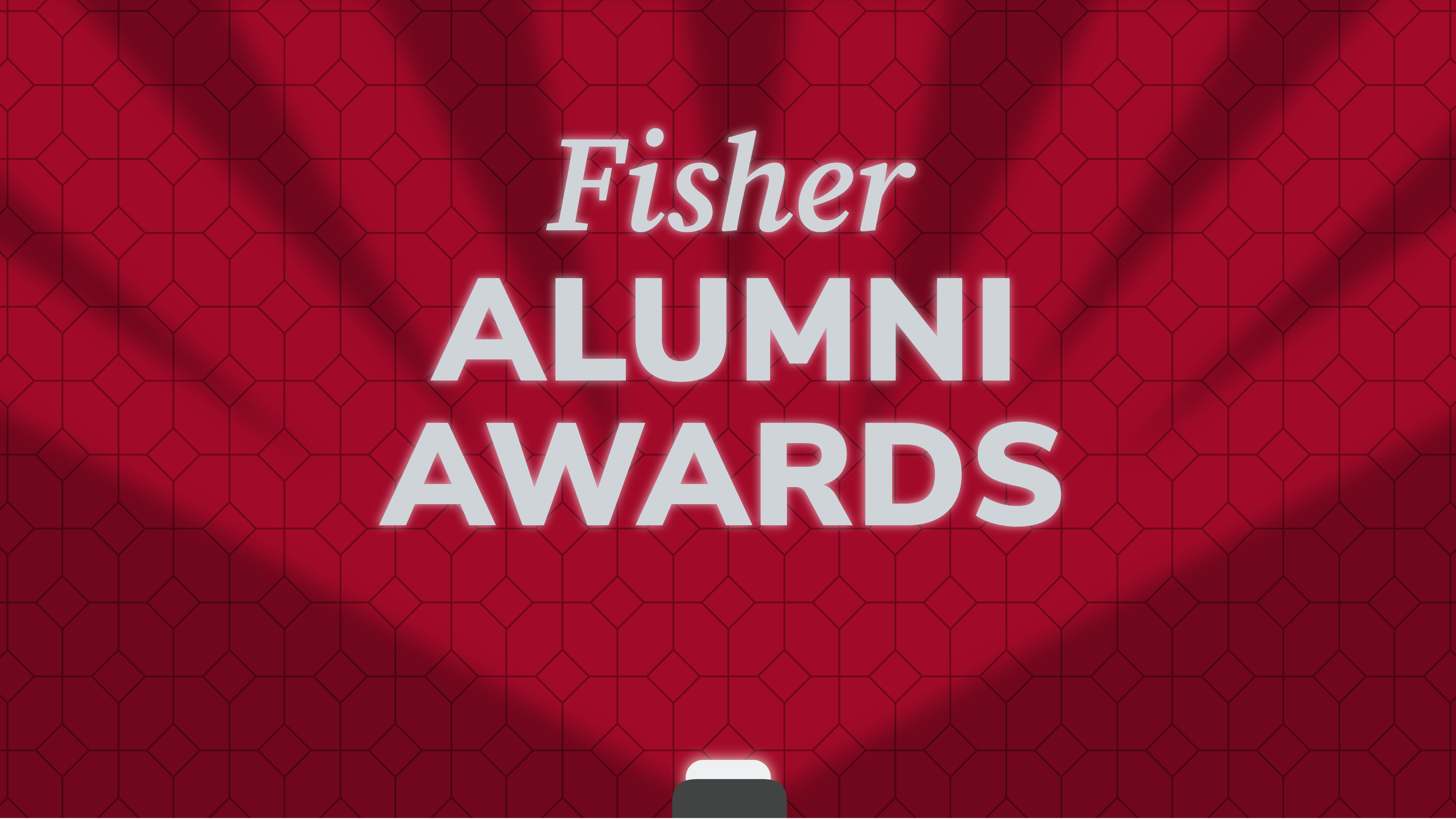 Stage with spotlight illuminating the words "Fisher Alumni Awards"