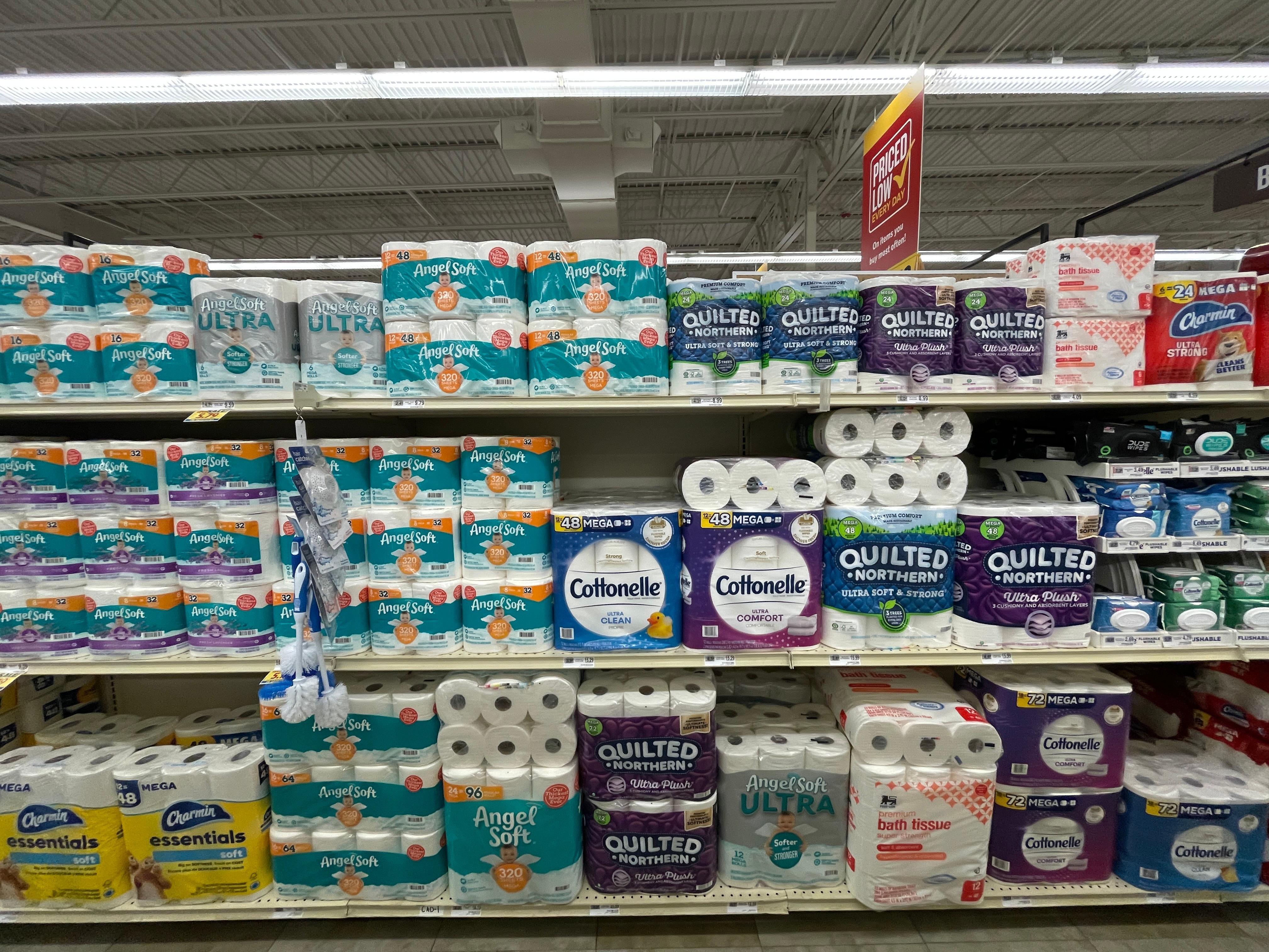 Shelf stocked with multiple brands of toilet paper and bath tissue products in a retail store aisle.
