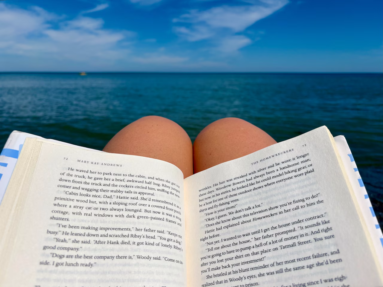 Open book resting on someone’s lap while reading by the ocean under a bright blue sky.