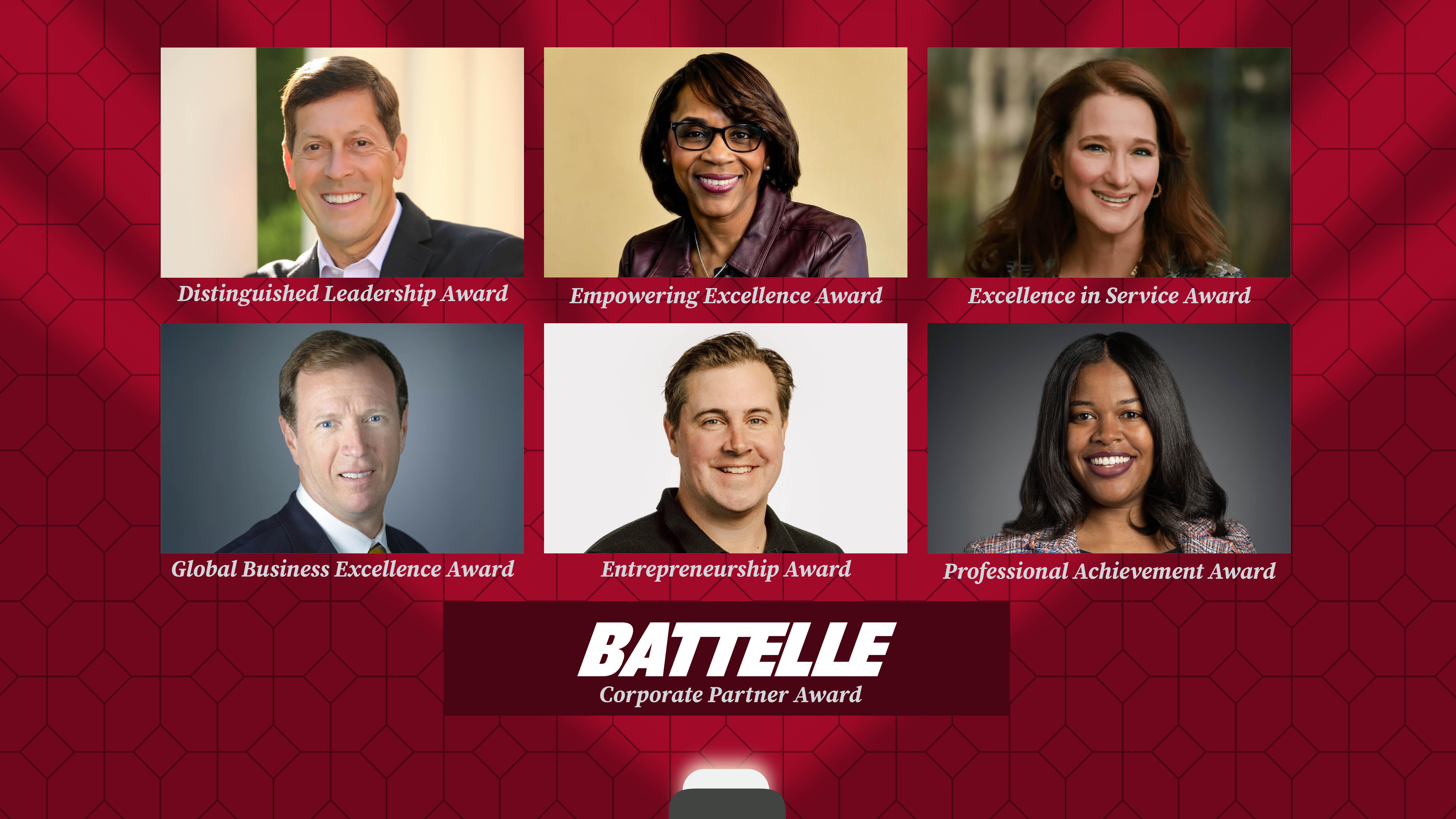 Headshots of the 2026 Alumni Awards honorees from left Ric Dillon, Mae Smitherman-Smith, Amy Chronis, Steven Trulaske Sr., Craig Baldwin and Ciare James against a red backdrop.