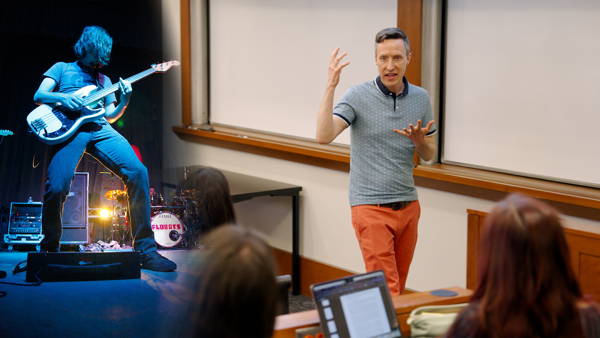 Promotional graphic showing a Jesse Walker playing bass guitar on stage alongside a classroom scene with him teaching students.