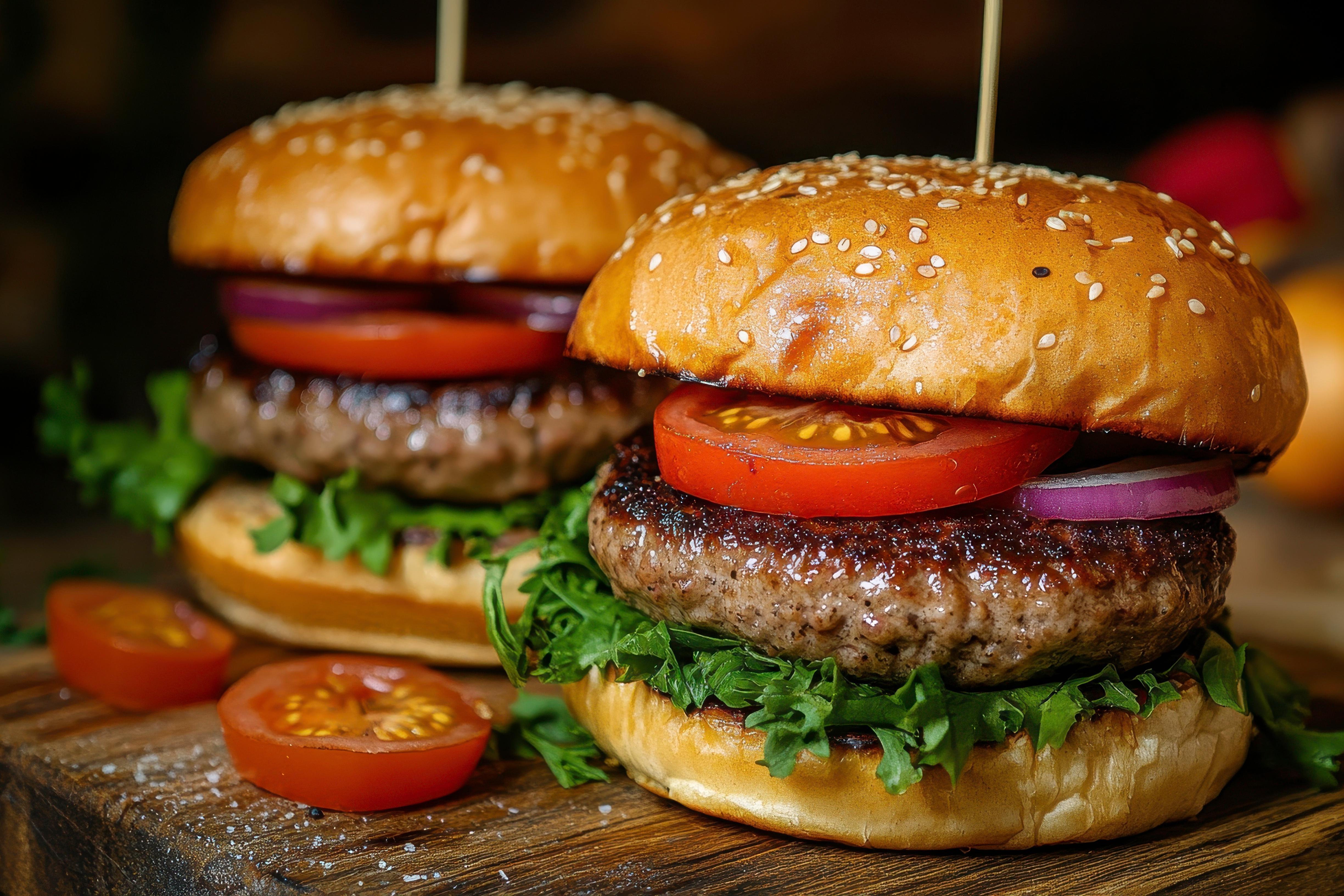 Two hamburgers with lettuce and tomato on sesame seed buns.