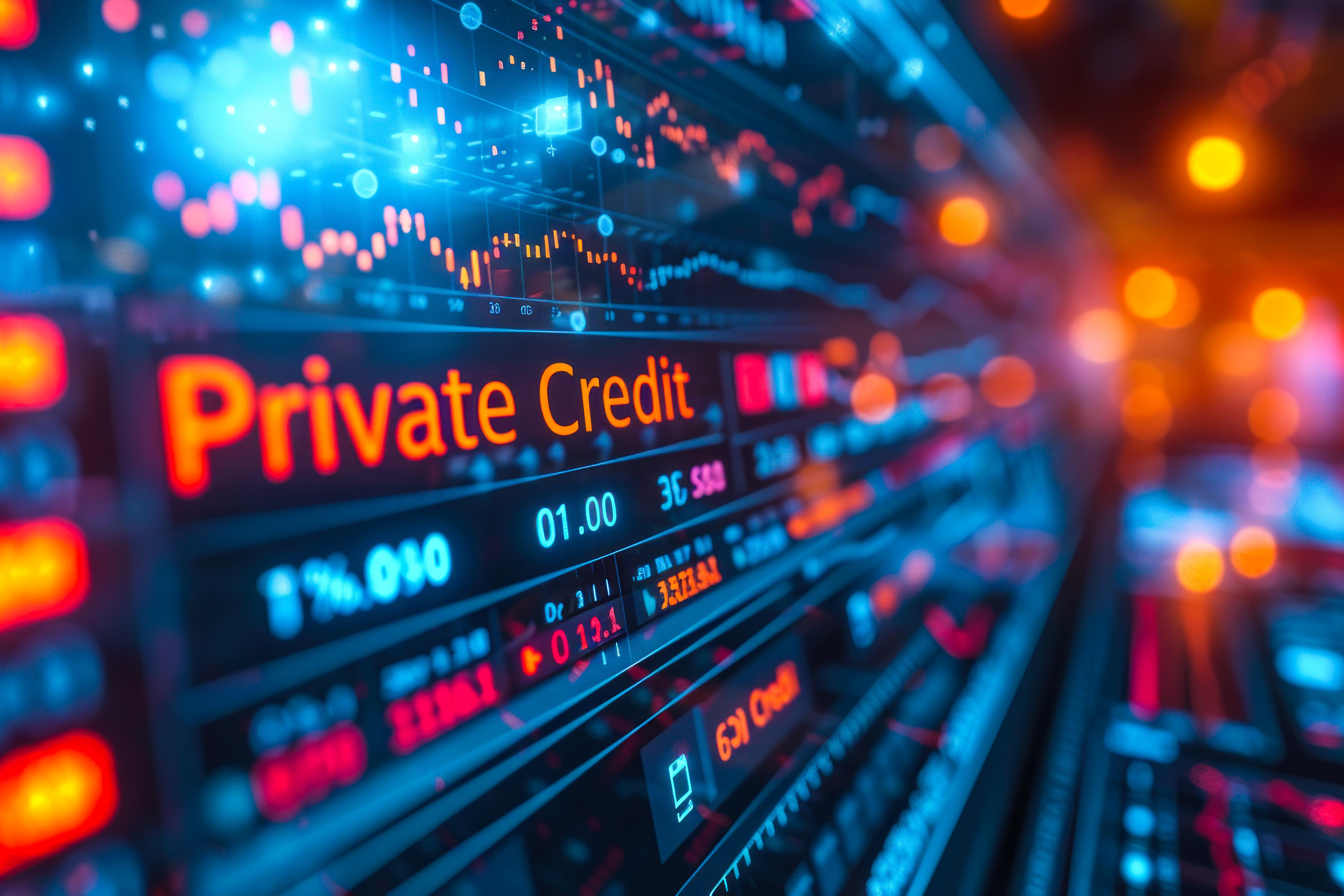 Digital financial display highlighting “Private Credit” with market data and charts.