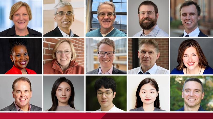 Collage of 14 professional headshots arranged in a grid, featuring new faculty members against a mix of studio, office, and outdoor backgrounds.