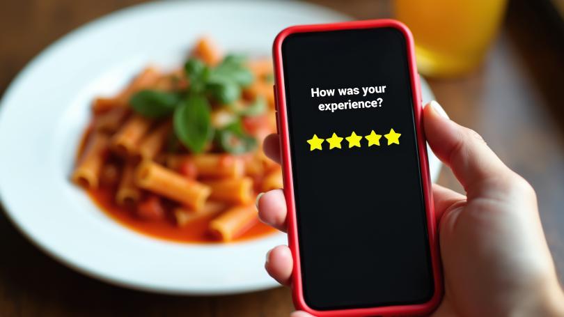 Hand holding a smartphone displaying a five-star review rating in front of a plate of pasta, illustrating an online restaurant review.