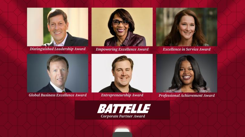 Headshots of the 2026 Alumni Awards honorees from left Ric Dillon, Mae Smitherman-Smith, Amy Chronis, Steven Trulaske Sr., Craig Baldwin and Ciare James against a red backdrop.