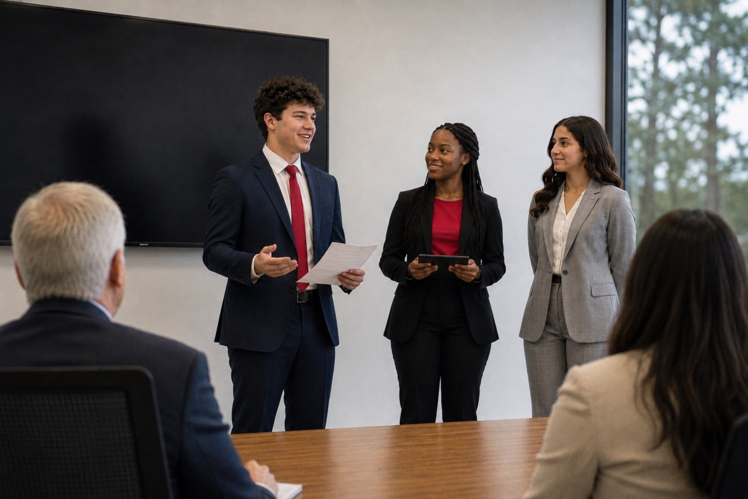 students in business attire presenting to business professionals