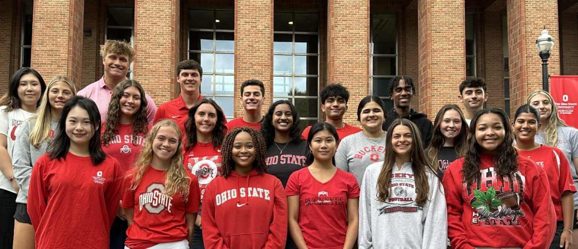 Ohio State peer ambassadors standing in front of Fisher Hall for a group photo.