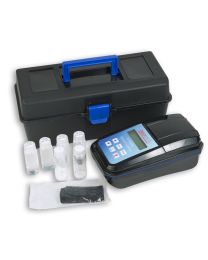 Component view of Geotech portable turbidity meter contents (carrying case, sample cells, cloth, and meter). 
