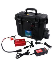 Front view of Alexis Peristaltic Pump with single pump head mounted in a pelican case, shown with the AC charger, power inverter, and quick disconnect plug with battery clips.