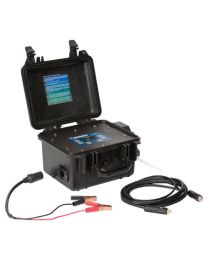 Component view of Pegasus Athena Peristaltic Pump showing the case-mounted pump, discharge tubing, and DC power adapters. 