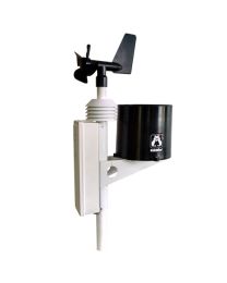 Side view of fully assembled RainWise MK-III Modbus Weather Station with wind speed/direction sensors at the top and a rainfall sensor on the right. 