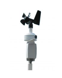 Front view of the RainWise PVmet 200 weather station with wind sensor, radiation shield, and irradiance sensor. 